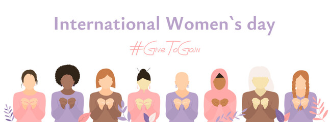 International Women's Day banner, the Give To Gain movement, and the fight for diversity and inclusion of women