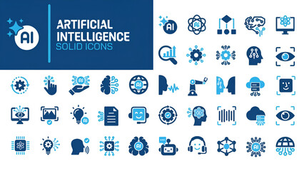 Artificial Intelligence Solid Icon Set: AI Technology, Machine Learning, and Robotics Symbols in Blue and Navy