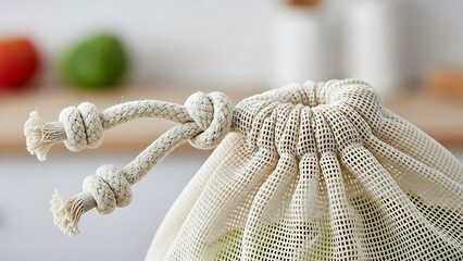 Close-up of a reusable produce bag with a drawstring, demonstrating an eco-friendly approach. It offers a glimpse of an eco-conscious lifestyle