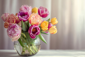 Fototapeta premium Spring bouquet of flowers. Spring bouquet of tulips and peeonies. Beautiful bouquet