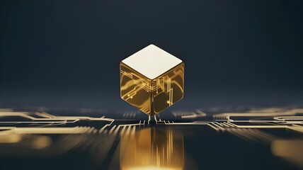 Golden fintech cube on reflective surface – Ideal for digital banking, wealth management, or cryptocurrency branding.