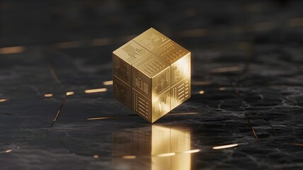 3D render of gold cube with circuit patterns – Great for financial technology, cyber security, or investment apps.