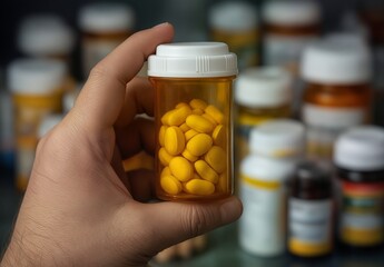 hand holding a prescription pill bottle with yellow tablets, blurred medication background.