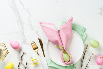 Easter food or table setting on white background.
