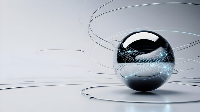 Metallic sphere with fiber optic threads – Suitable for high-tech connectivity, cybersecurity, or global data flows. - Powered by Adobe