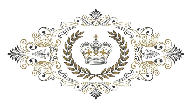 Vintage heraldic illustration of the Russian Empire coat of arms featuring a gold royal crown and shield with wings on a decorative floral vector ribbon banner