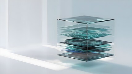 Layered glass data cube with blue glows – Great for analytics.