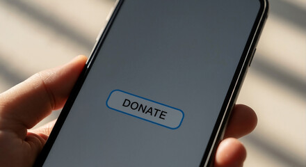 Hand holding smartphone displaying donate button on screen  