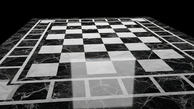 Empty Chessboard with Reflective Surface and Marble Pattern.