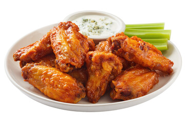 Fototapeta premium Crispy fried chicken wings on a white plate, with a side of blue cheese dressing and celery