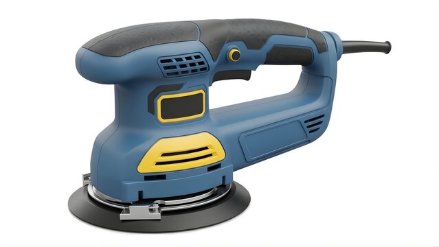 A blue and yellow electric sander on a transparent background