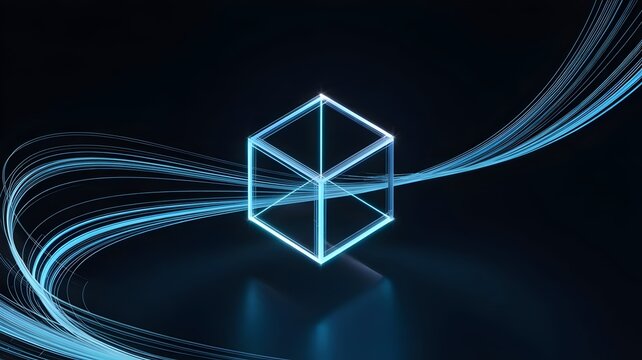 Cyan wireframe cube in dark void – Great for futuristic tech. - Powered by Adobe