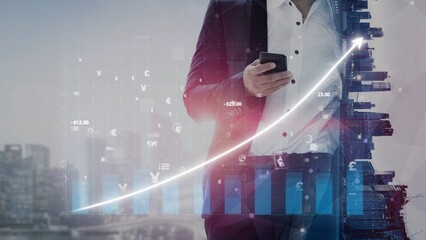A business professional stands in an urban environment, using a smartphone while surrounded by digital financial data visualizations and a rising growth trend. Copula
