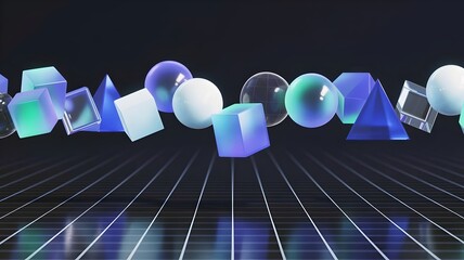 Digital enterprise visual with floating forms over grid plane