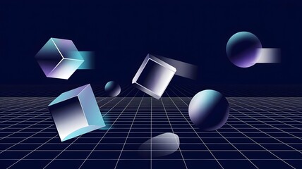 Translucent 3D forms floating over infinite data grid