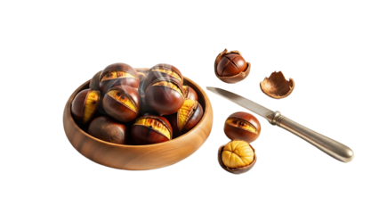 A wooden bowl filled with chestnuts and a knife on transparent background