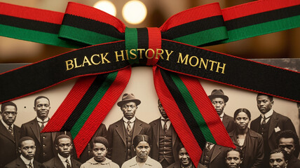 Black History Month ribbon over historic photograph, honoring past achievements, cultural significance