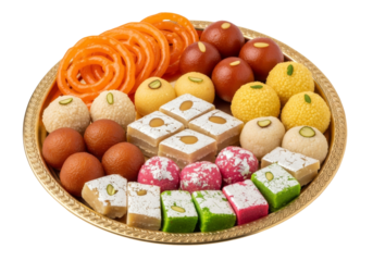assorted indian mithai platter with colorful sweets on gold plate