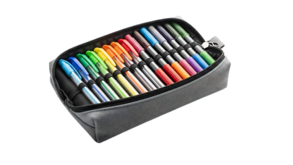 A gray pencil case filled with colorful markers on transparent background