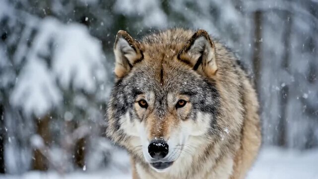 Close up portrait of a majestic wolf in a winter forest