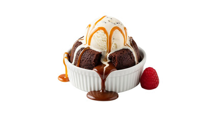 A delicious dessert of chocolate brownie with ice cream and caramel sauce on transparent background