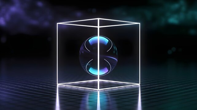 Glowing blue sphere in cube wireframe &ndash; Ideal for AI and technology.