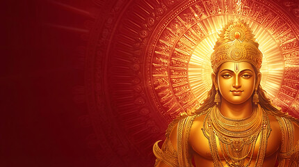 Divine digital illustration of lord surya dev glowing against red mandala background for religious festivals like surya puja surya shashti ratha saptami and bhanu saptami