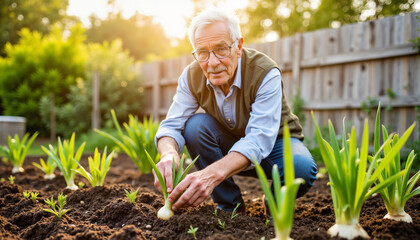 Elderly man harvesting onions in his backyard, focused and joyful, gardening activity, warm sunset