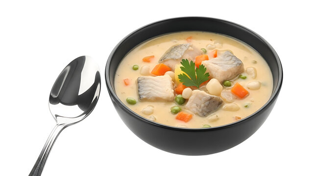 A bowl of creamy fish chowder with a spoon on transparent background