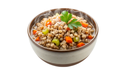 A steaming bowl of pearl barley with vegetables on transparent background