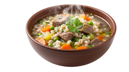 A steaming bowl of hearty beef and vegetable soup in a brown ceramic bowl on transparent background