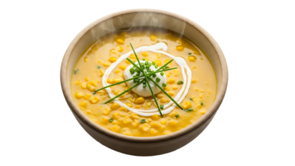 A steaming bowl of creamy corn soup on transparent background