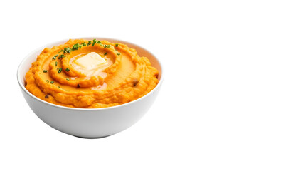 A bowl of mashed sweet potatoes with butter and herbs on transparent background
