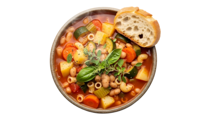 A hearty bowl of homemade minestrone soup with bread on transparent background