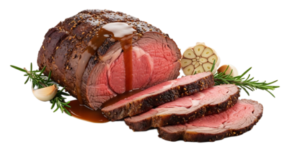 A delicious prime rib roast with slices cut and served with herbs and sauce on transparent background
