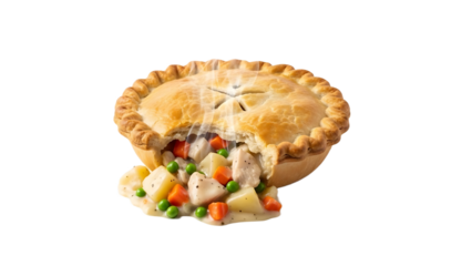 A delicious chicken pot pie on transparent background with a slice cut out showing the filling