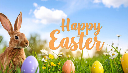 Cute brown bunny sits in tall grass near pastel easter eggs and blooming flowers. Happy Easter text and soft clouds suggest a festive spring greeting for celebrations