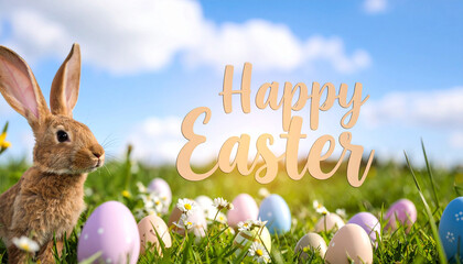 Cute brown bunny sits in tall grass near pastel easter eggs and blooming flowers. Happy Easter text and soft clouds suggest a festive spring greeting for celebrations