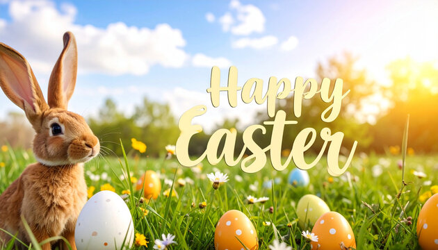 Cute brown bunny sits in tall grass near pastel easter eggs and blooming flowers. Happy Easter text and soft clouds suggest a festive spring greeting for celebrations - Powered by Adobe