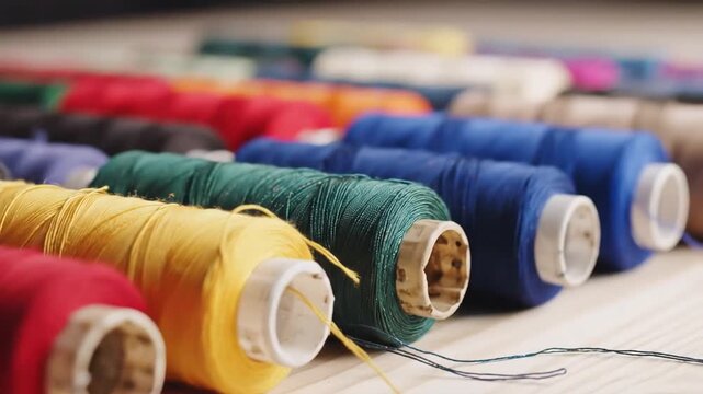 Colorful Threads Spools Lined Up For Sewing Crafting and Tailoring Projects.
