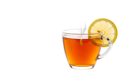 A glass mug of hot tea with a lemon slice on a transparent background