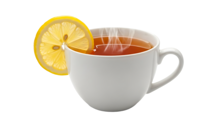 A steaming cup of tea with a lemon slice on transparent background