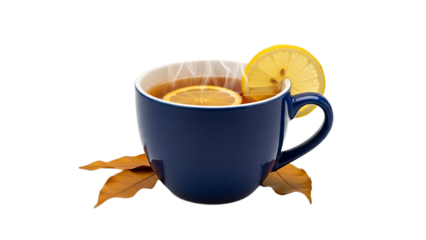 A blue mug of steaming tea with lemon slices and autumn leaves on transparent background