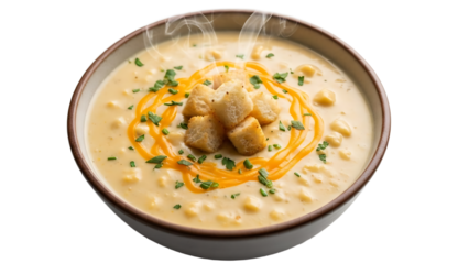 A steaming bowl of creamy soup with croutons and herbs on transparent background