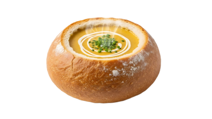 A bowl of creamy soup served in a hollowed bread loaf on transparent background