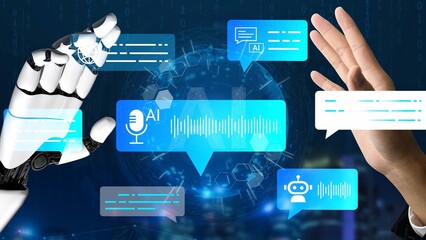 Hands of human and robot interacting with digital interface showcasing voice technology and artificial intelligence concepts in a futuristic setting Gluon.