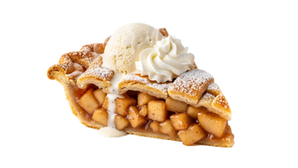 A delicious slice of apple pie with ice cream on top on transparent background