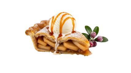 A delicious slice of apple pie with ice cream and caramel sauce on transparent background