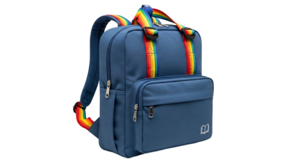 A blue backpack with rainbow straps on transparent background