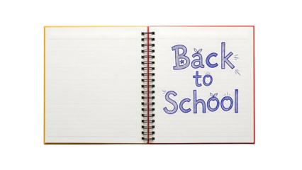 A spiral notebook with the words Back to School written on it on transparent background